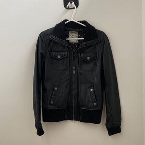 Pull & Bear Leather Bomber Jacket with Ribbed Trim
